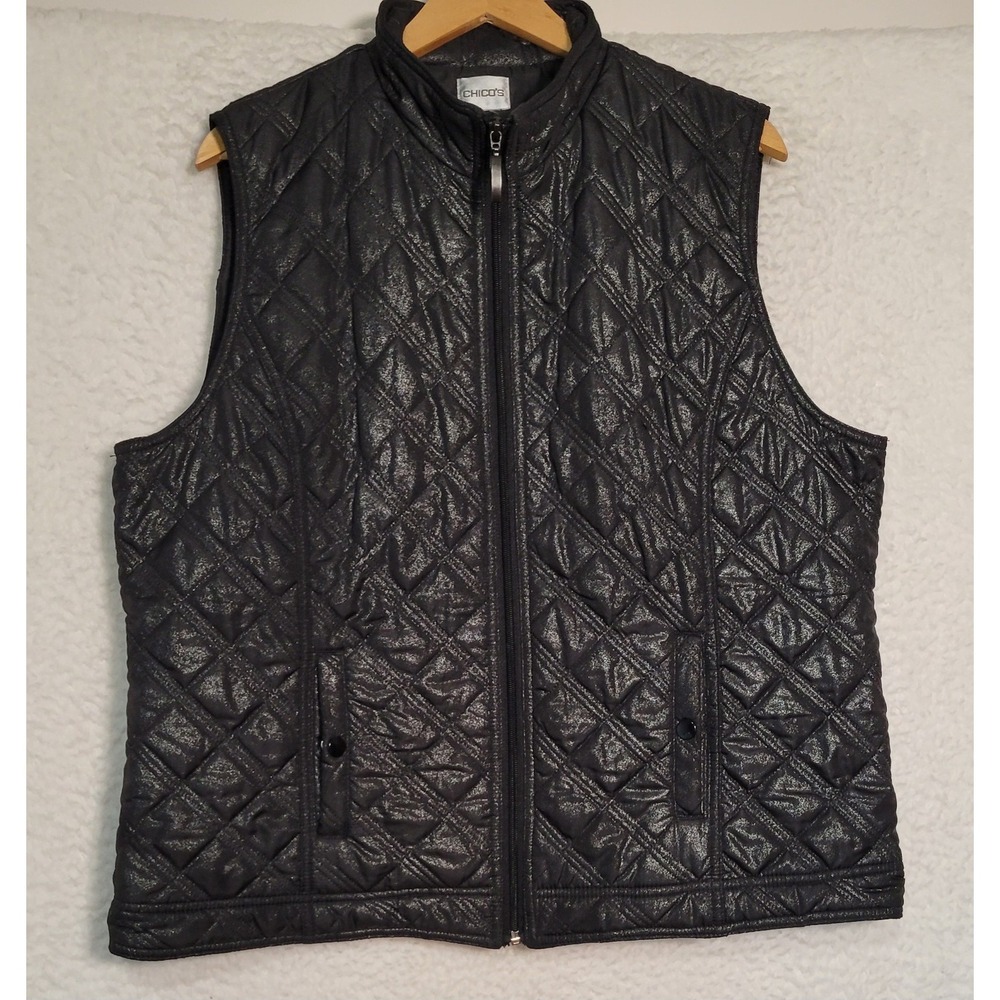 Chico's Women's Quilted Vest M (Approx) Sleeveless Black Zip Snap Pockets 1779